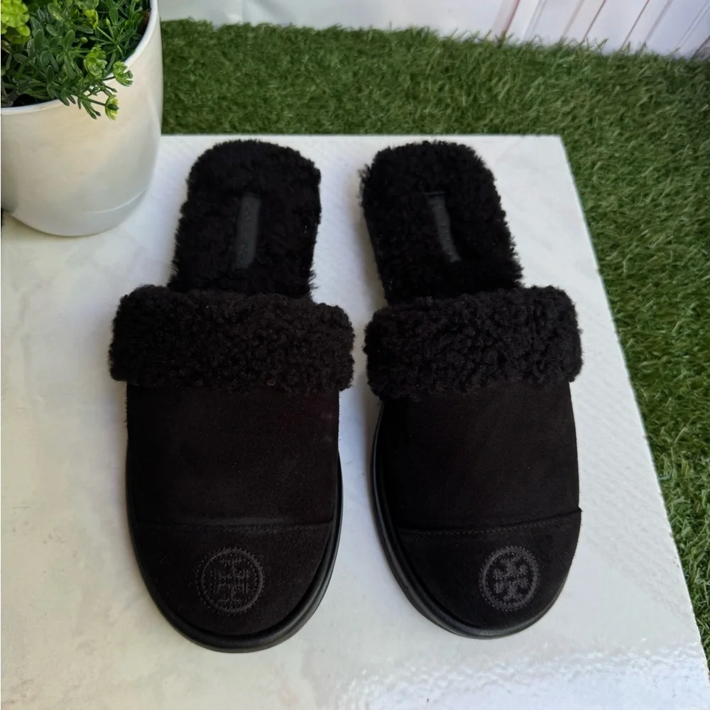 Tory Burch SLIPPER Women's Black Suede & Shearling Slides size 6.5 New